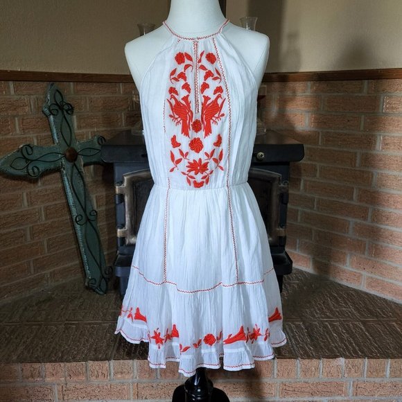 Joie Dresses & Skirts - Joie Clemency Flounce Halter Dress White with Red Embroidery